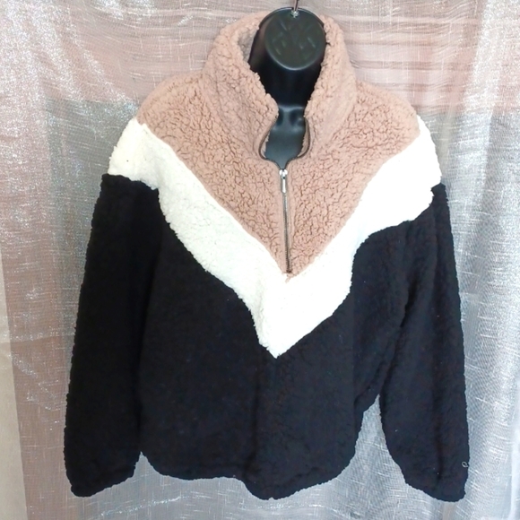 NINE WEST Teddy Fleece Stand Collar V Color Block Half Zip Pullover Size L Black - Picture 1 of 4